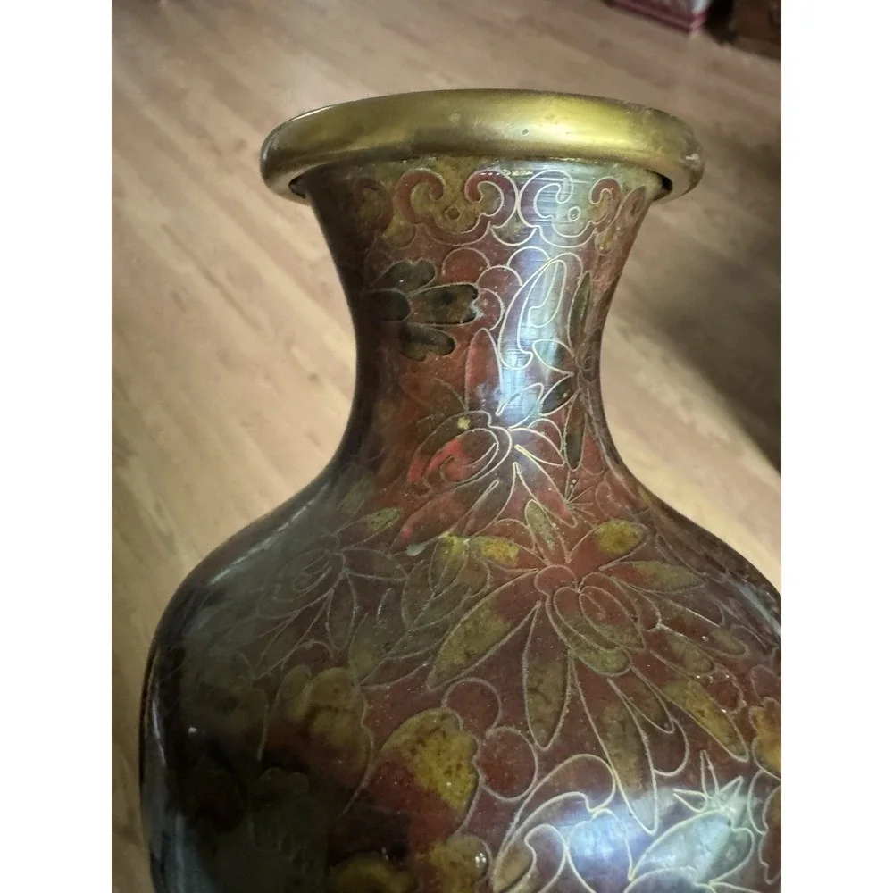Vintage Chinese Cloisonne Enamel Vase Red Brown Floral Brass‎ Millefleurs